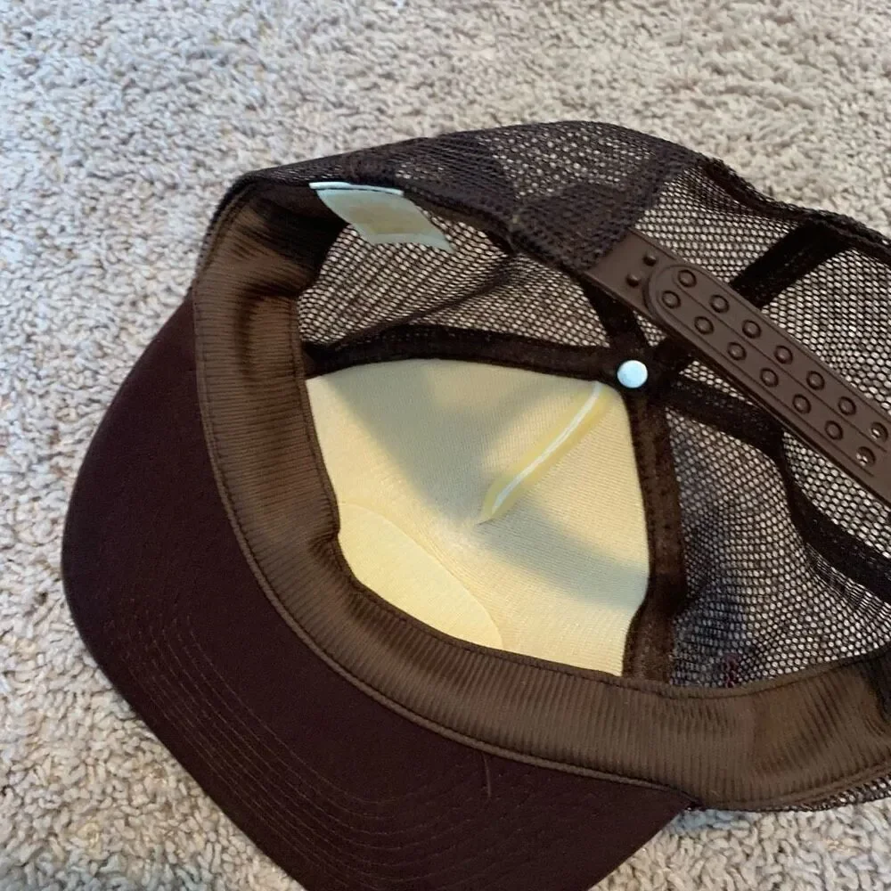 Vintage Brown Novelty Patch Graphic Mesh SnapBack Trucker Hat Rope
